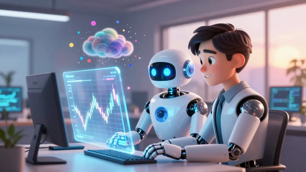 Robot and human analyzing combined sentiment and price data hologram