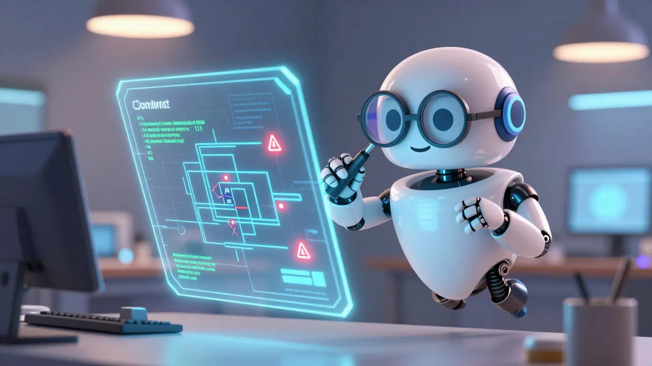 Robot auditor inspecting a holographic smart contract blueprint for bugs.
