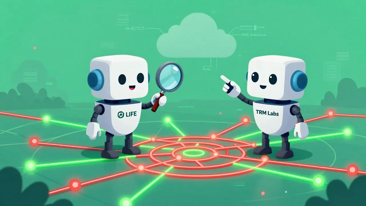 Robot detectives tracing blockchain transactions in a digital network