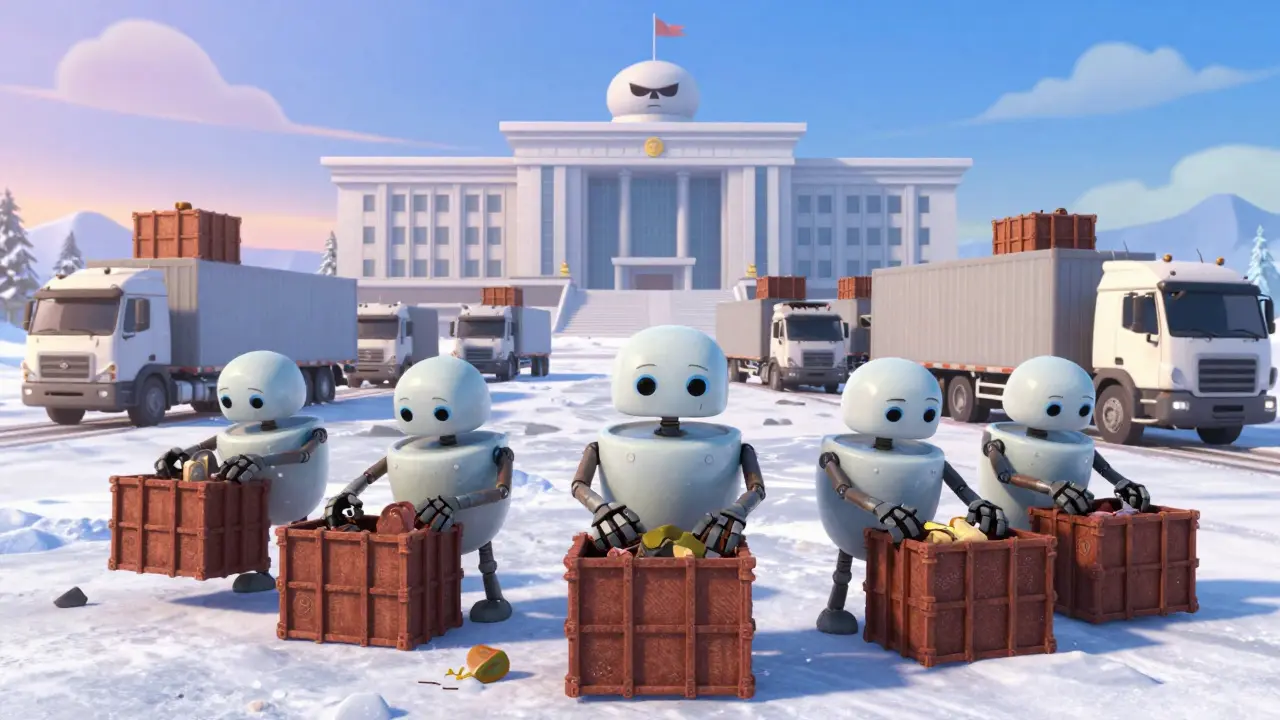 Robot miners packing up equipment in a snowy landscape