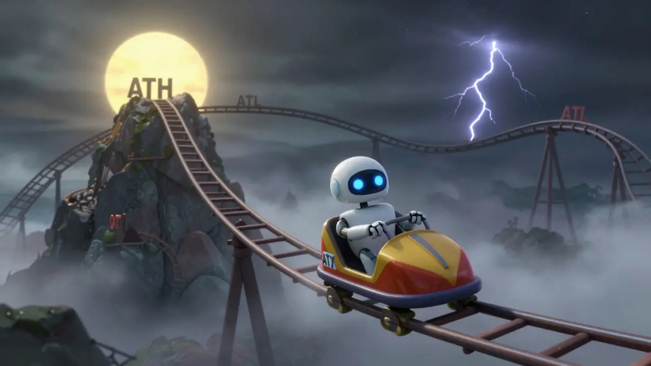 Robot riding a volatile rollercoaster through a stormy digital landscape in Pixar style.