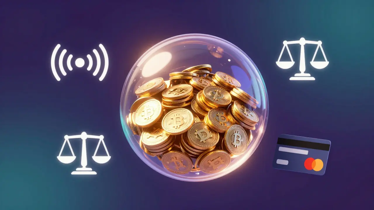Sealed sphere with golden coins representing fixed token supply