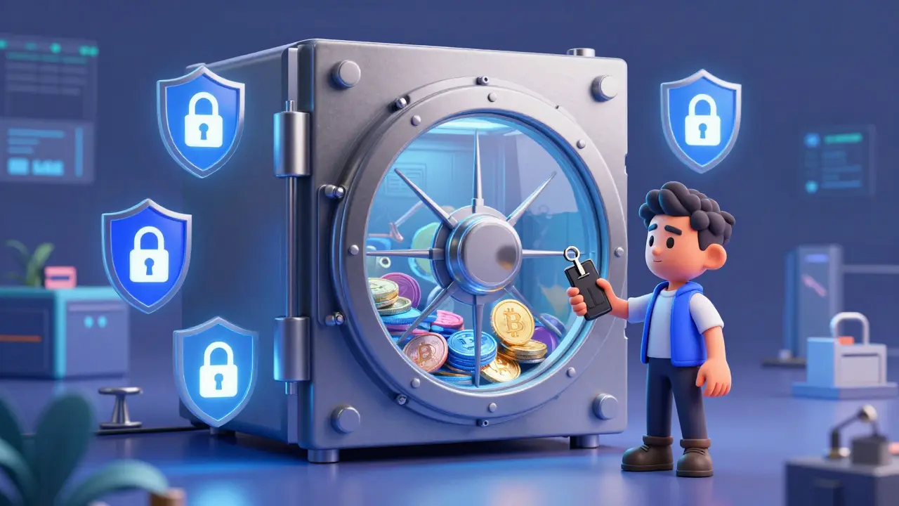 Secure vault protecting crypto assets with shields and hardware wallets emphasizing safety.