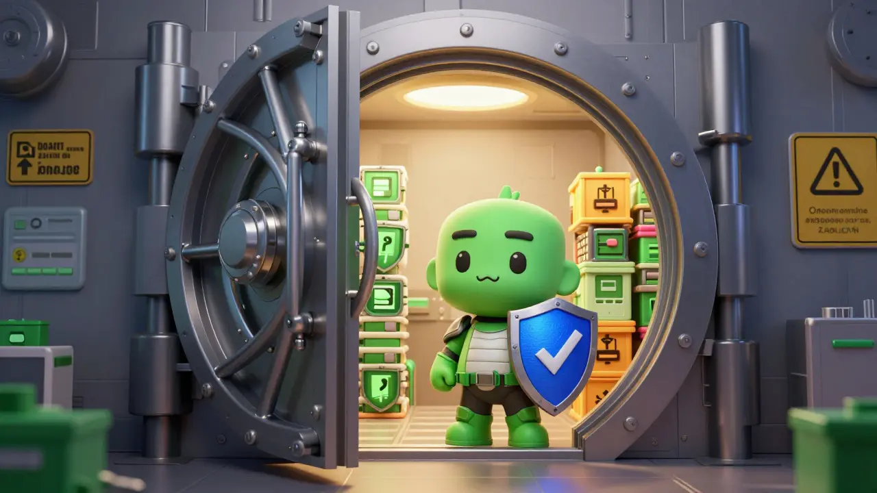 Secure vault with mascot guarding digital assets safely