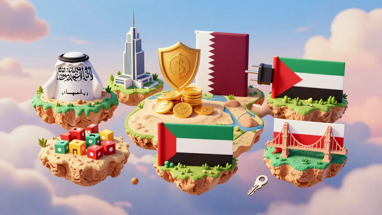 Stylized map of GCC countries with visual metaphors for their crypto regulations.