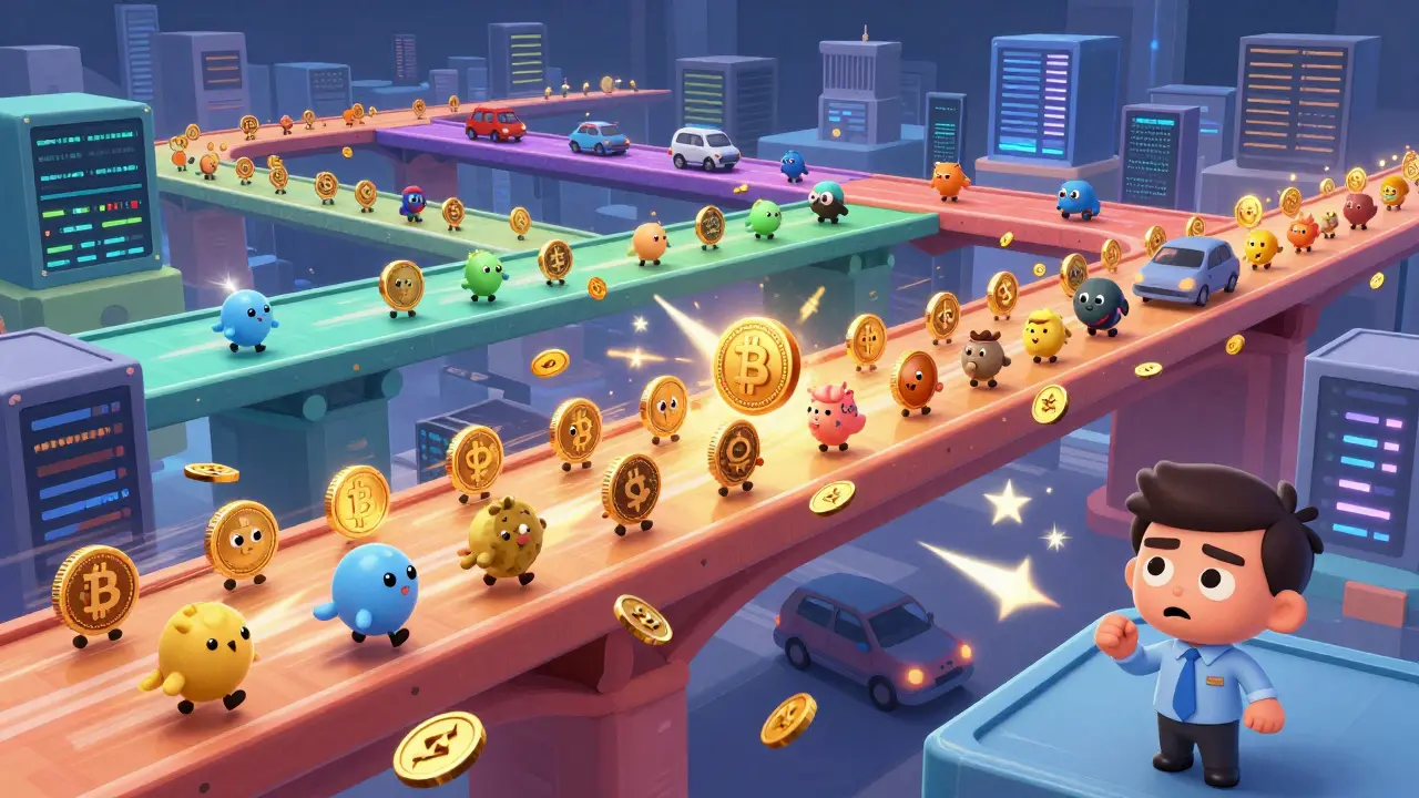 Swarm of digital coins flooding across blockchain bridges