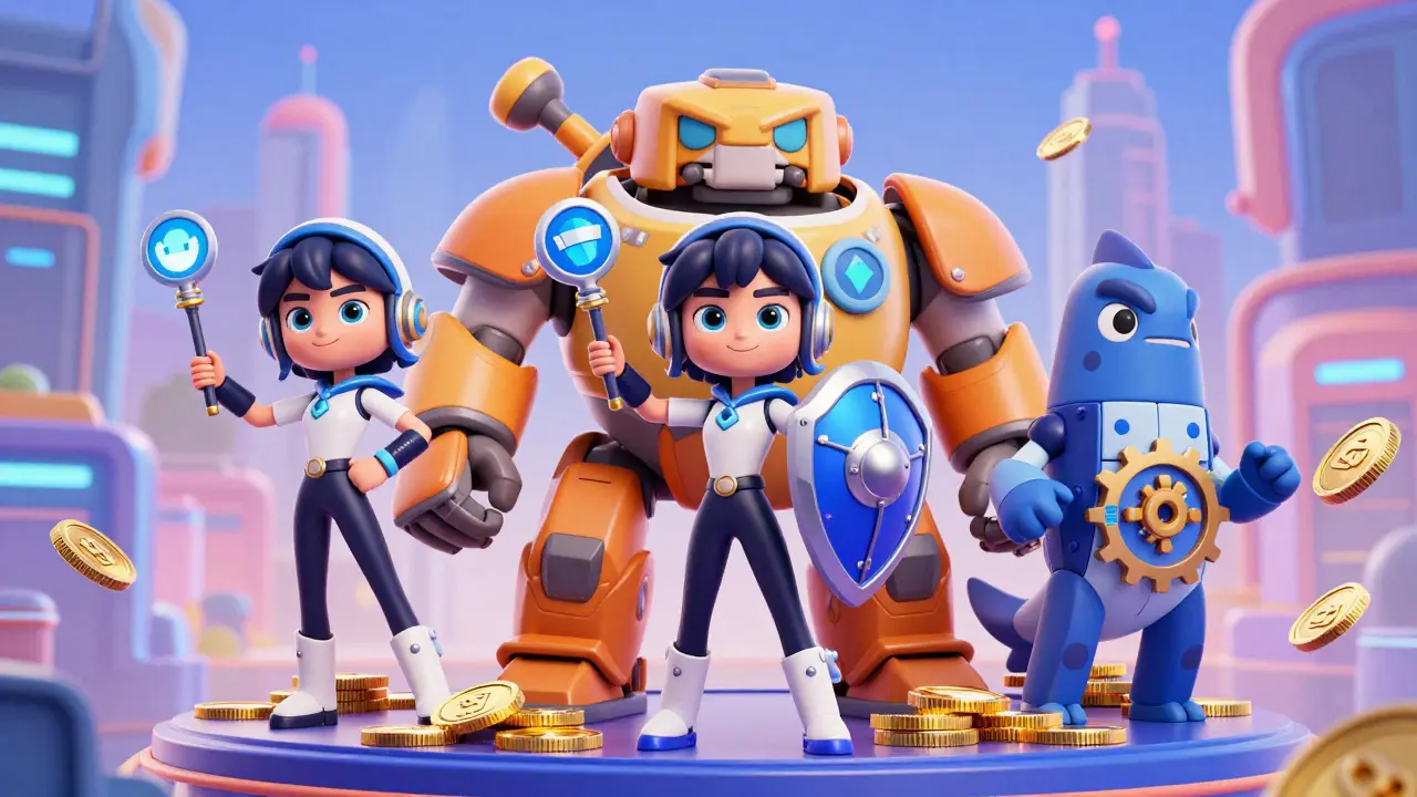Three cartoon characters representing Meteora, Raydium, and Orca DEXs