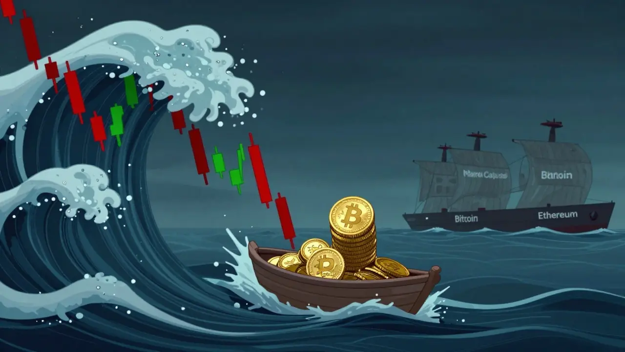 Tiny boat tossed by volatile chart waves near stable crypto ships