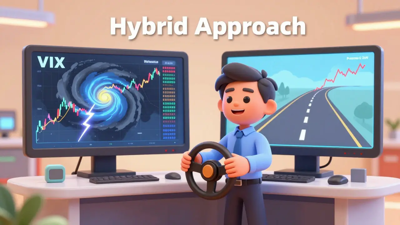 Trader using weather map and road signs to navigate market decisions