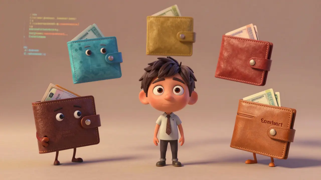 Visual metaphor for one person holding multiple wallets and smart contracts.