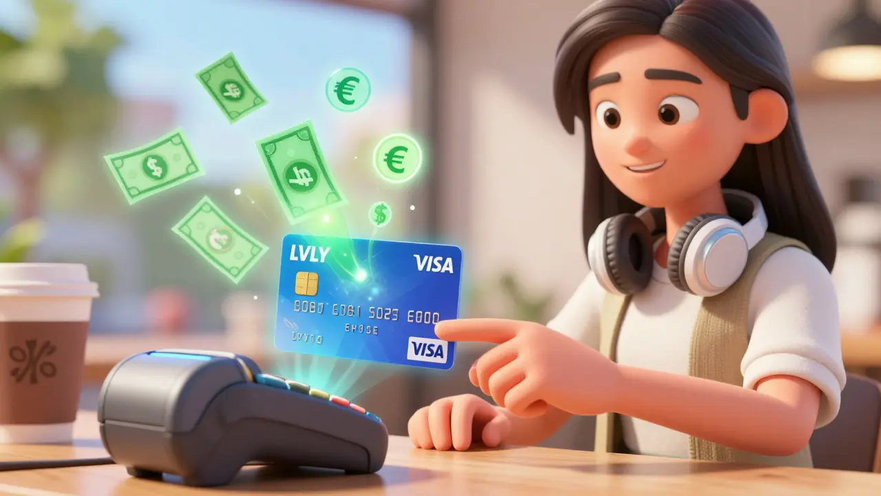 Woman using Lyvely Visa card to buy coffee seamlessly