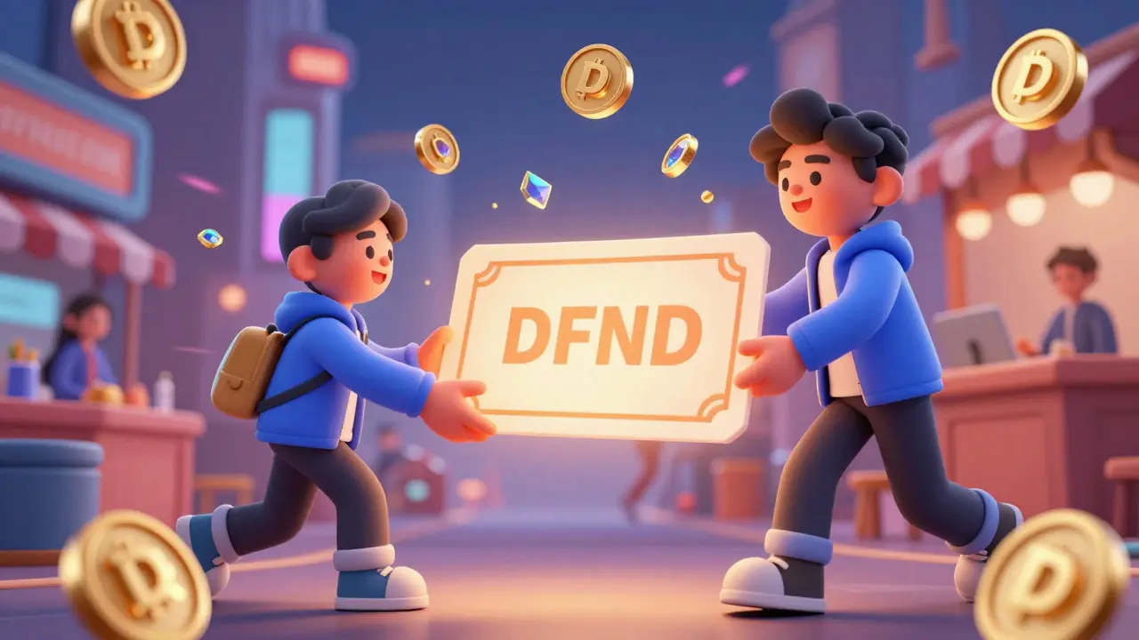 Animated characters trading a loan certificate while surrounded by floating DFND tokens.