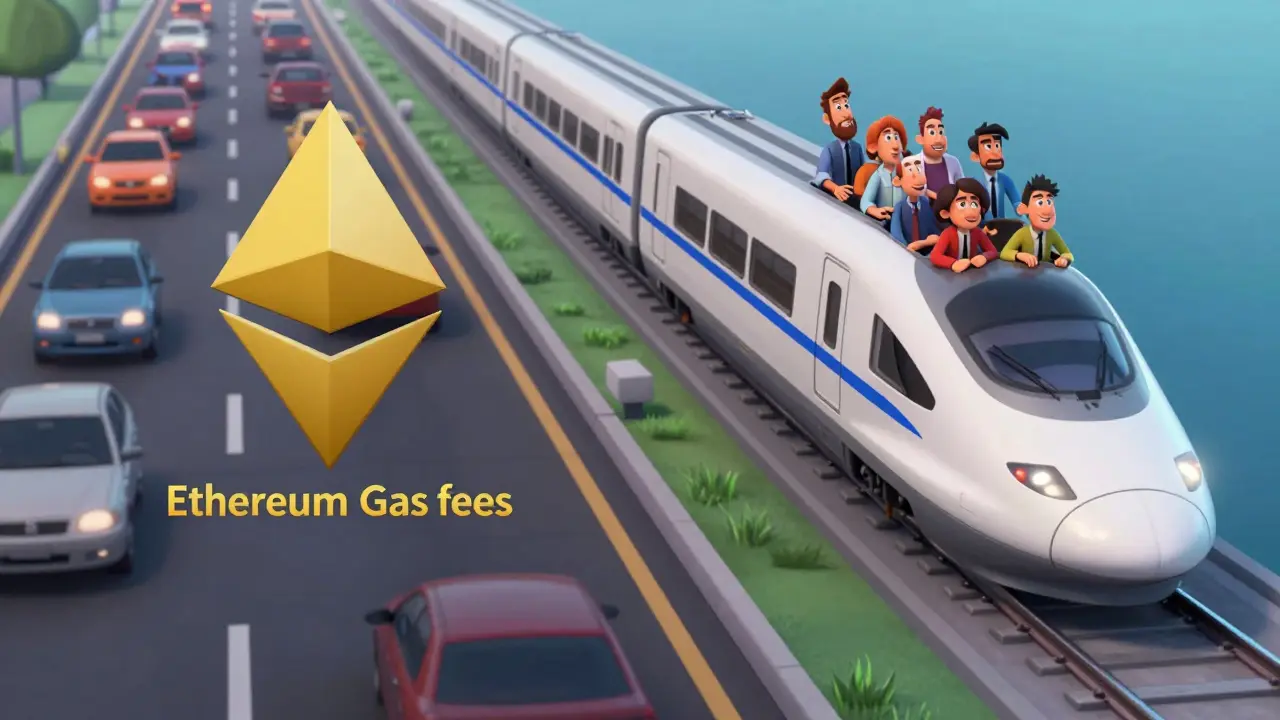 Animated scene comparing slow traffic to a fast train, illustrating BSC vs Ethereum speed