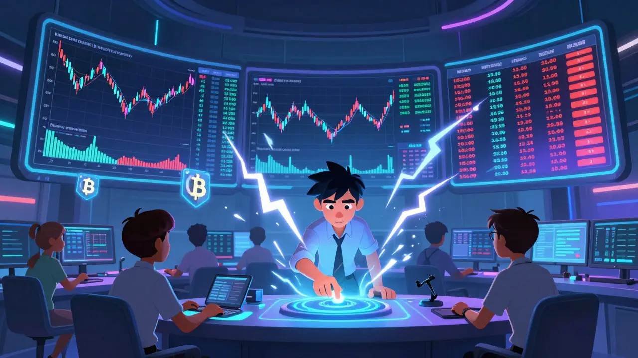 Animated traders monitoring fast-moving crypto charts in a futuristic room