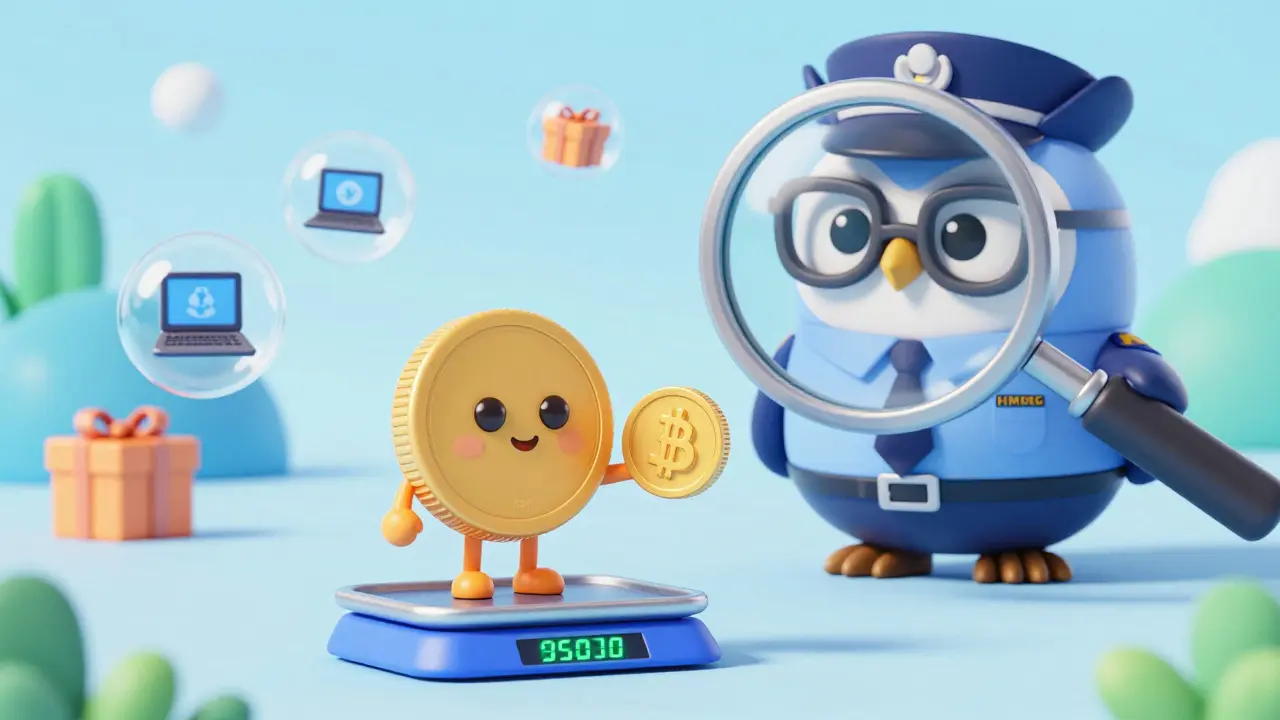 Cartoon coins being swapped while a tax inspector watches closely.