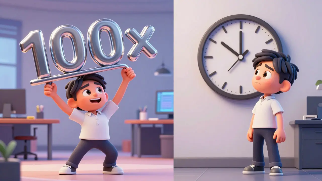 Characters illustrating high leverage trading benefits versus withdrawal schedule limitations.