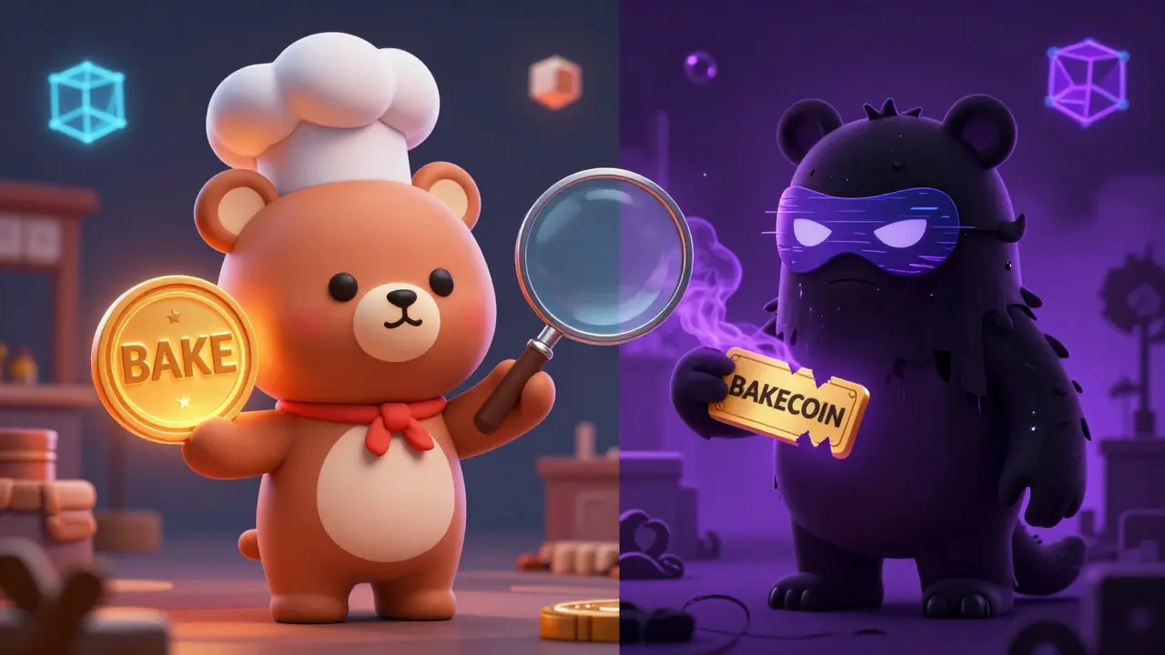 Comparison of legitimate BAKE token mascot versus a shady scammer with fake coins.