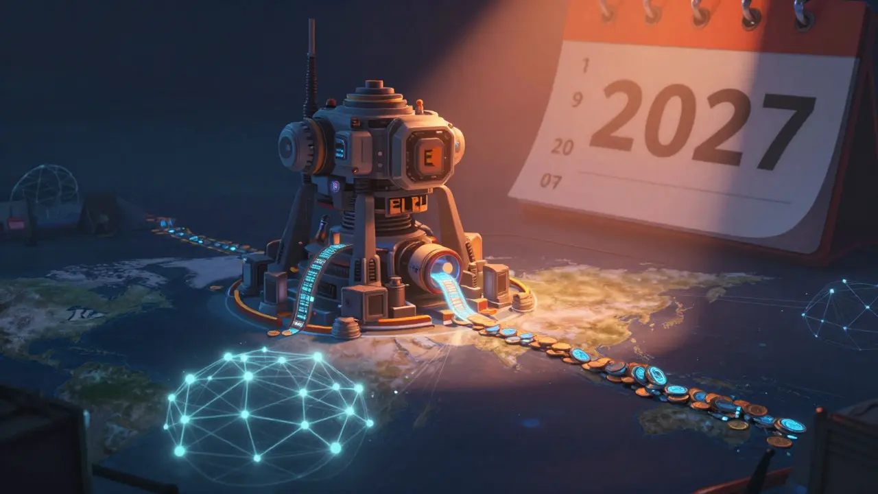 Complex ELR machine processes trade while shadow P2P networks glow in the background towards 2027.