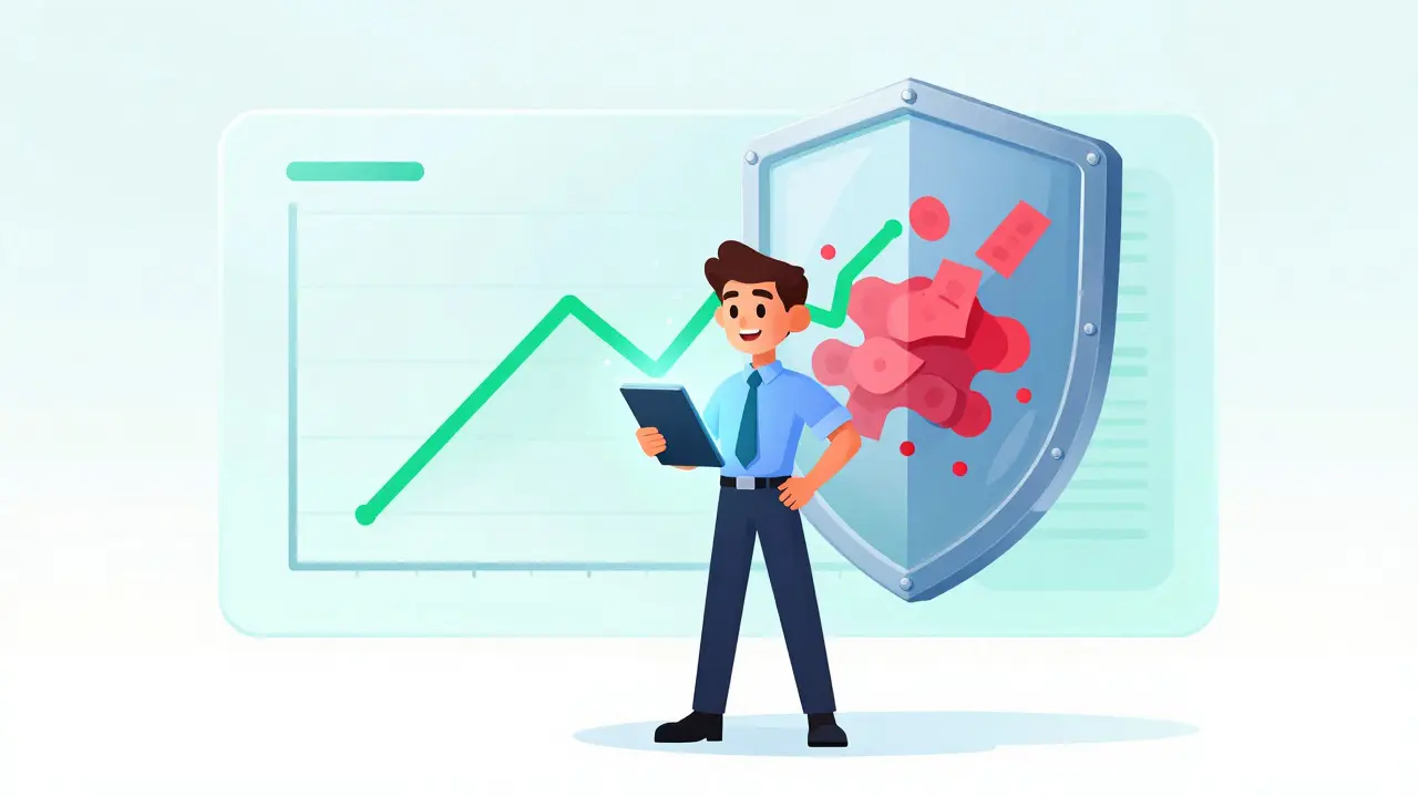 Compliance officer protecting assets with a digital security shield