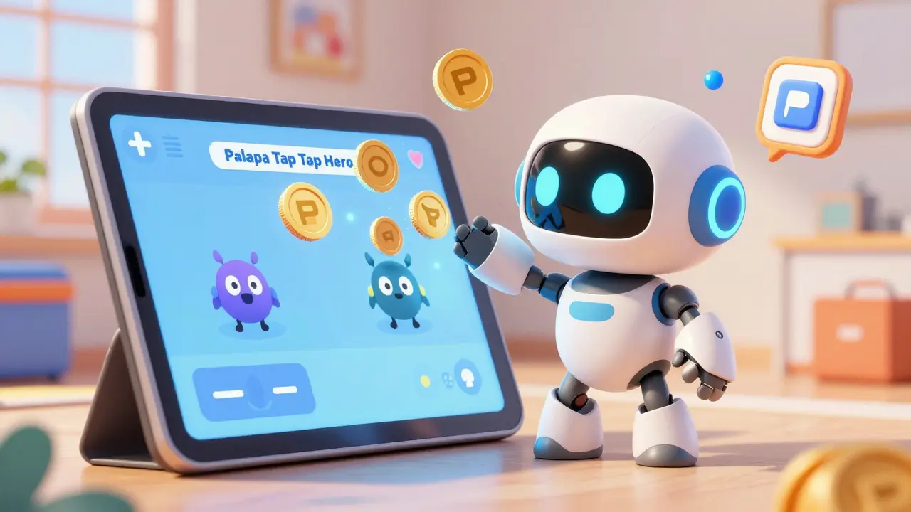 Cute robot playing Palapa Tap Tap Hero game on a tablet screen