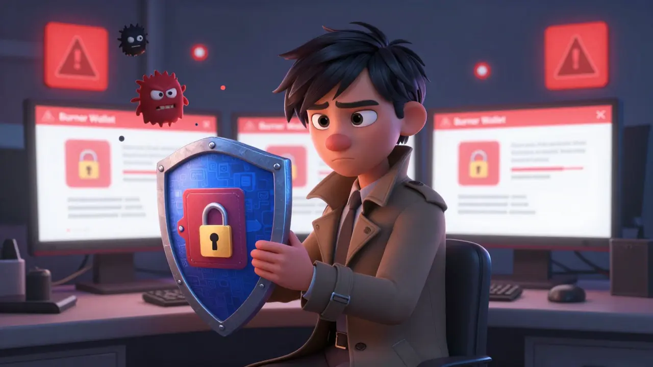 Detective-style character protecting a burner wallet from spam and phishing threats.
