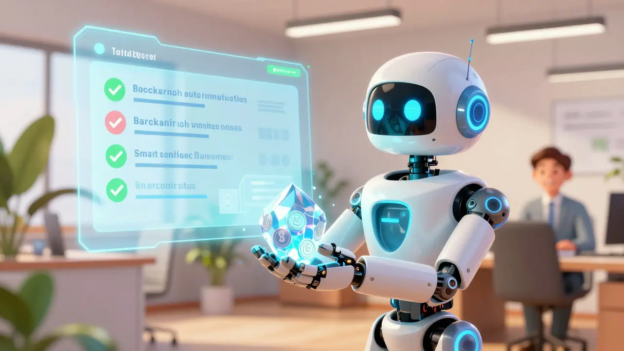 Friendly robot handing over tokens via smart contract, symbolizing automated and transparent vesting.