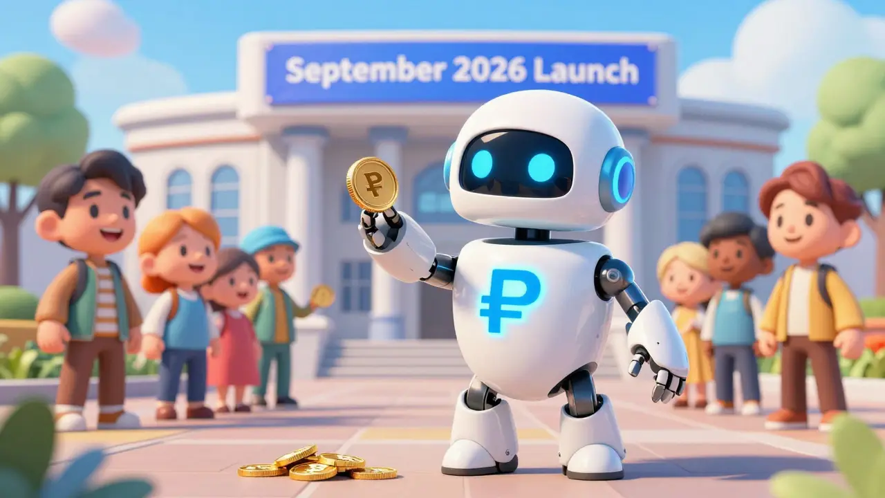 Friendly robot mascot distributes Digital Rubles to happy citizens in a plaza