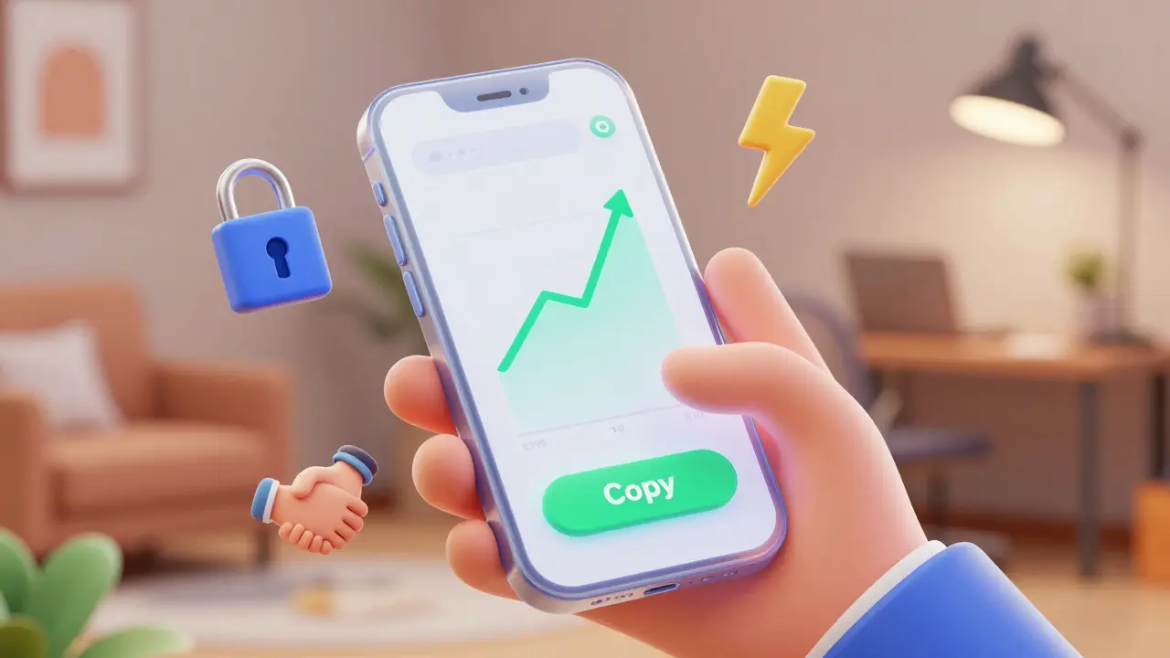Hand holding a smartphone displaying a simple crypto trading app