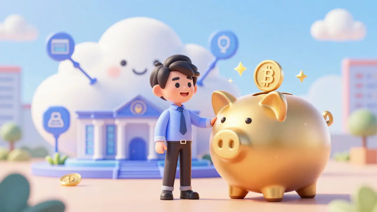 Happy investor with a golden ISA piggy bank and connected data clouds.