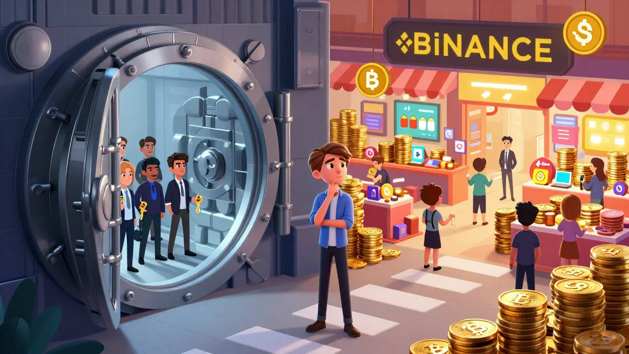 Illustration comparing a secure vault vs a busy market for crypto trading