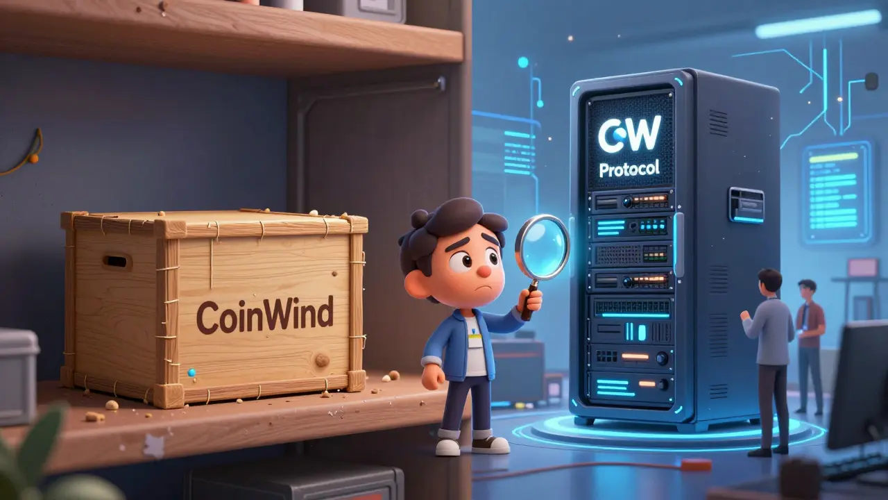 Illustration comparing a simple CoinWind box to a high-tech CoW Protocol server hub.
