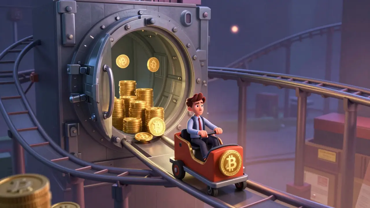 Investor on rollercoaster near opening vault with tokens