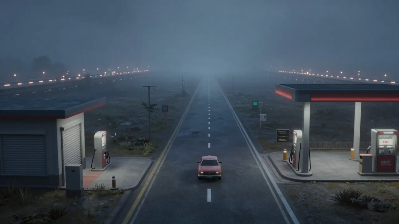 Lonely road with empty gas station symbolizing low liquidity