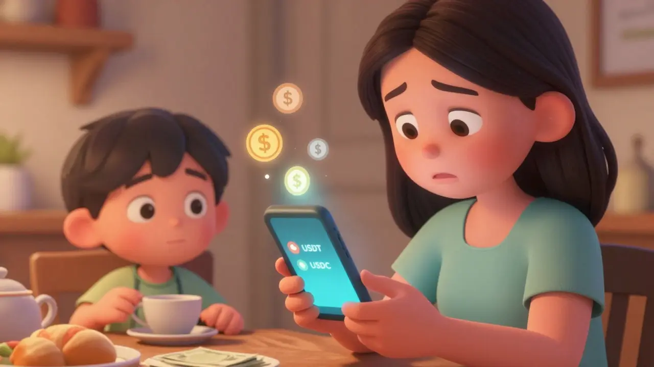 Mother receiving stablecoin remittance on phone in cozy home setting