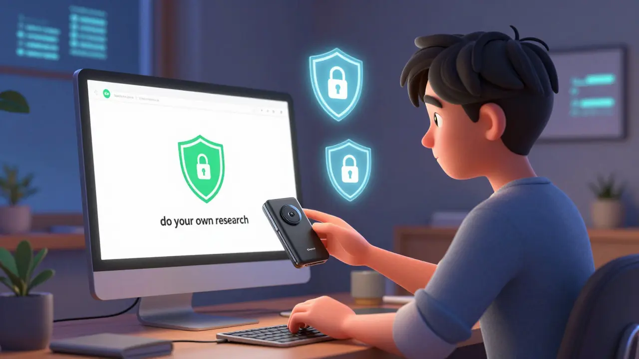 Person securing crypto assets using a hardware wallet and safety tools in a cozy room.