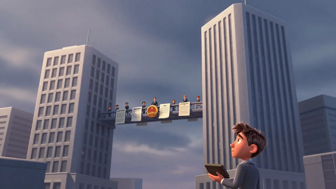 Pixar-style corporate towers connected by a bridge symbolizing acquisition