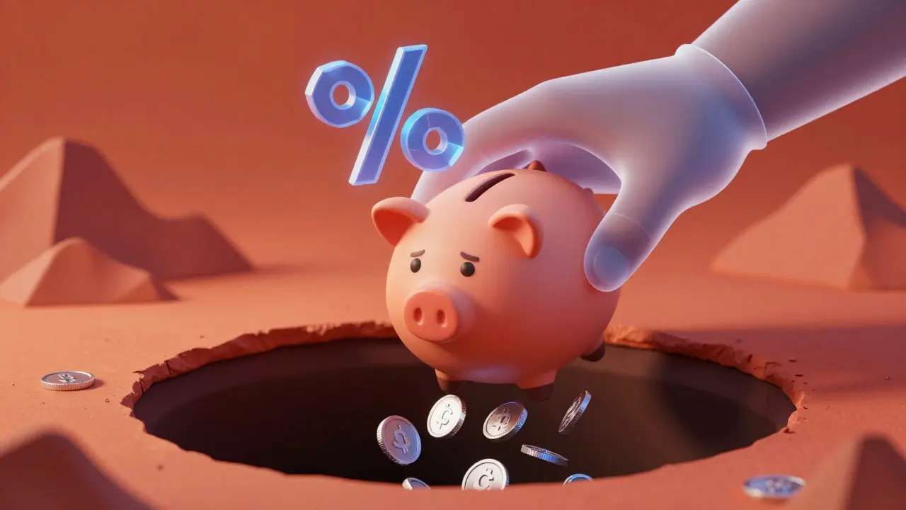 Pixar-style piggy bank losing coins to represent high trading fees