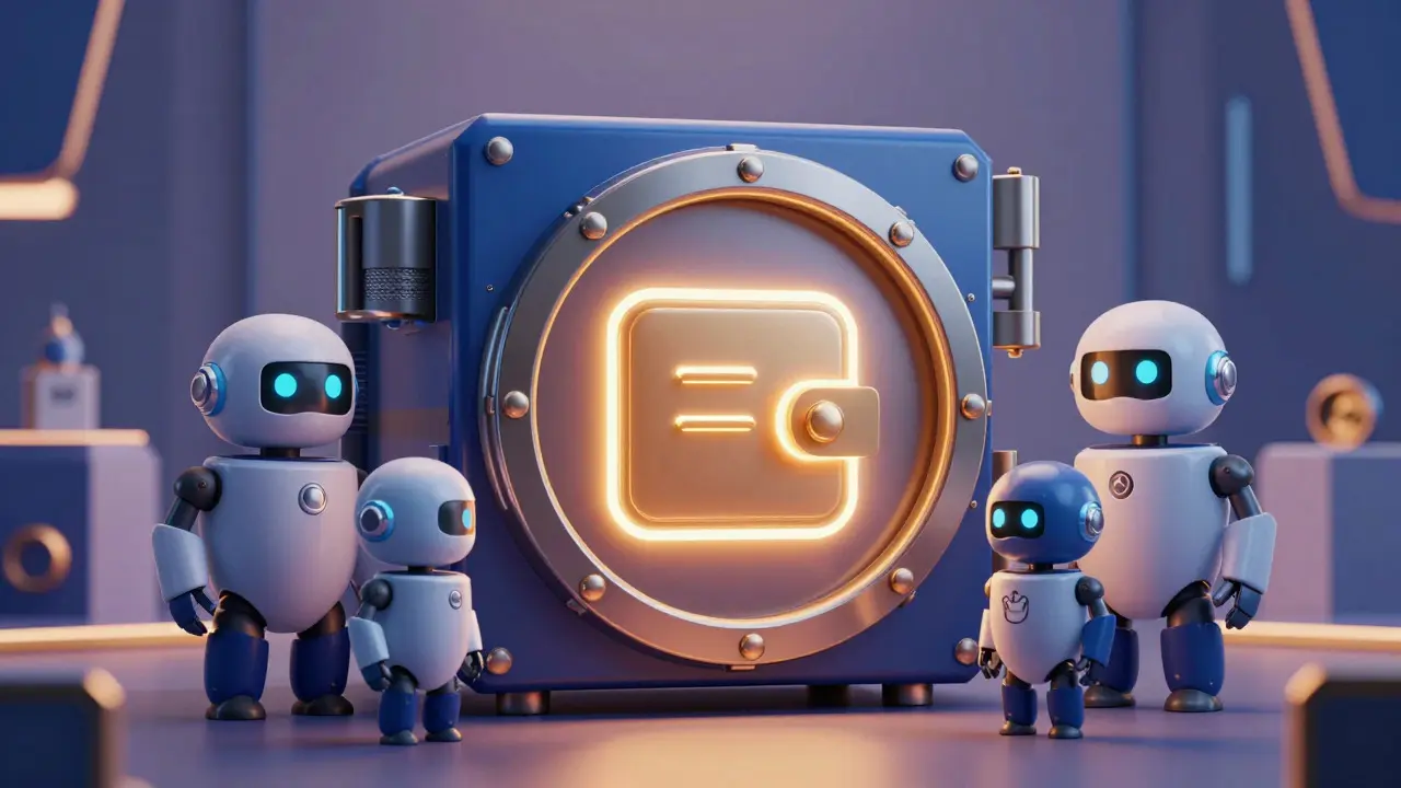 Robot guardians protecting a secure cold storage vault in a Pixar-style illustration.