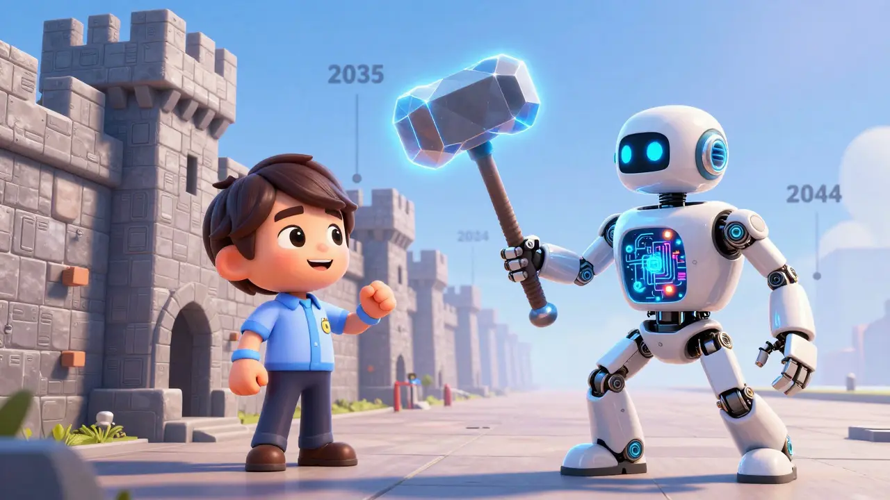 Robot with quantum hammer approaching traditional encryption castle