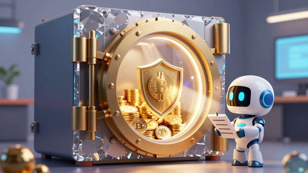 Secure crystal vault protecting digital coins with a robot guard