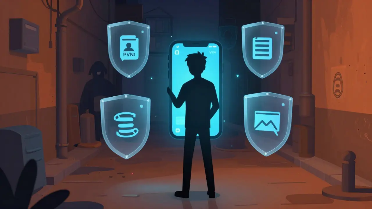 Silhouette using encrypted crypto app in dark alley with digital shields