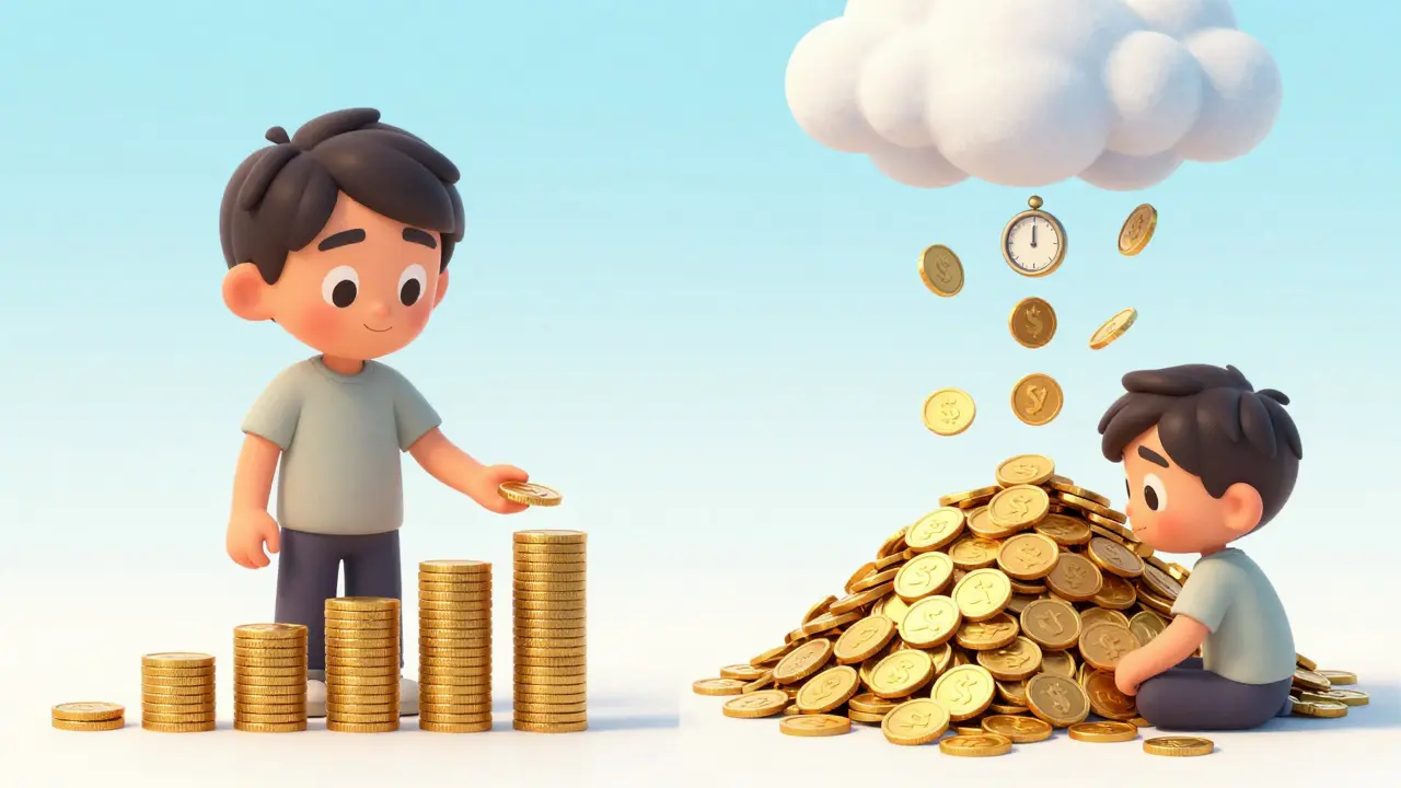 Split view showing steady coin accumulation versus waiting for a large lump sum payout in vesting.