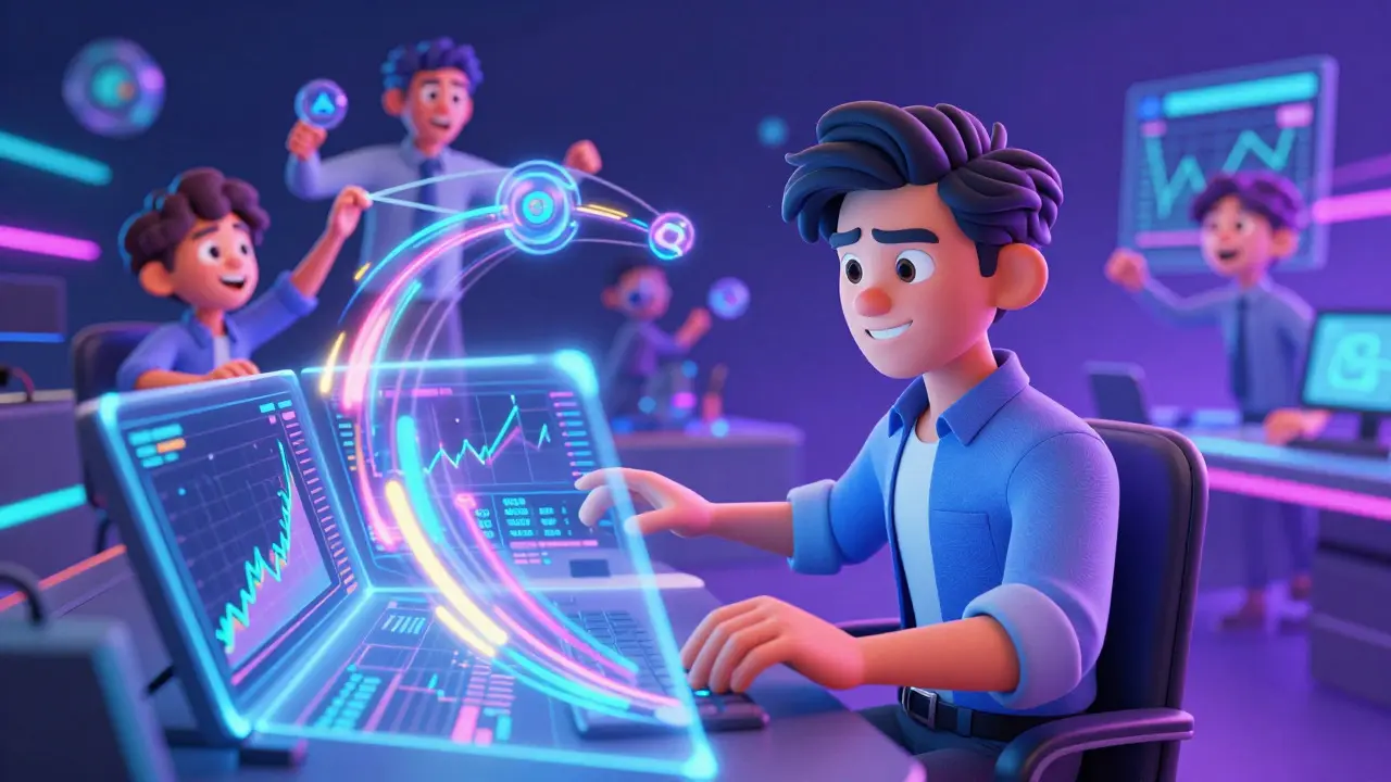Trader using holographic tools while others copy their strategy