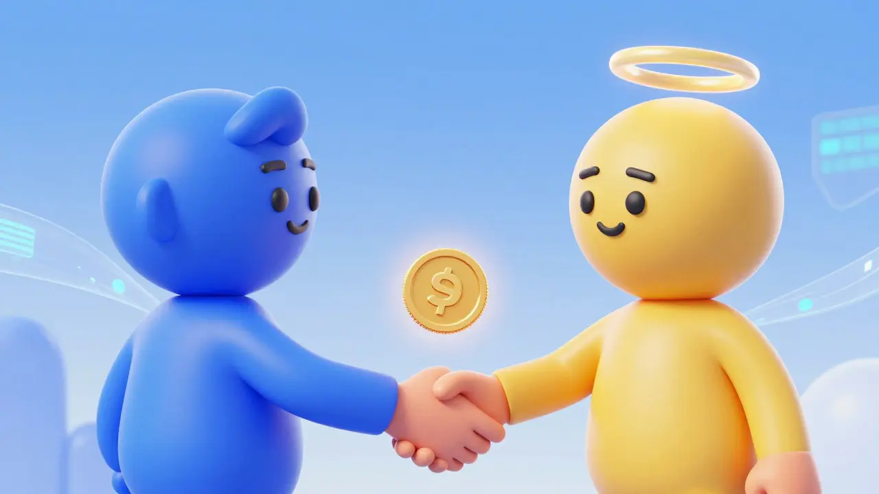 Two cartoon characters exchanging a glowing coin, representing P2P lending with credit scores.