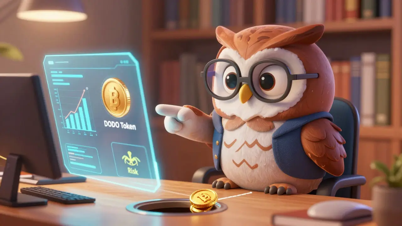 Wise owl character explaining crypto concepts with holographic charts in a cozy room