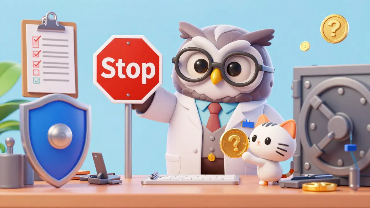 Wise owl teaching a kitten about crypto security and avoiding scams