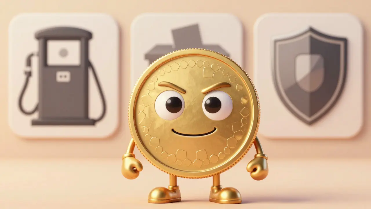 A friendly golden coin character surrounded by symbols of fuel, voting, and security