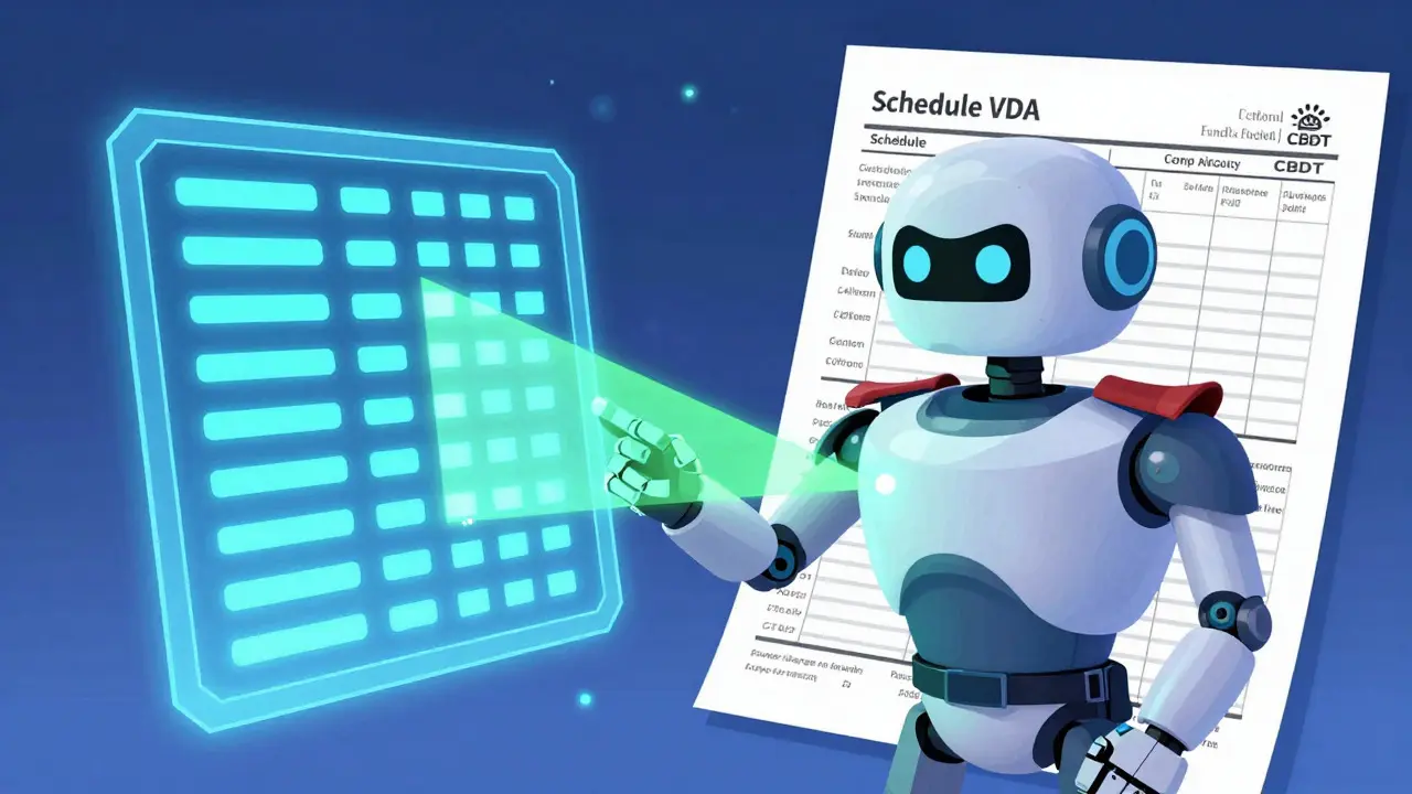 A friendly government robot cross-references blockchain data with tax forms, symbolizing strict crypto monitoring in India.
