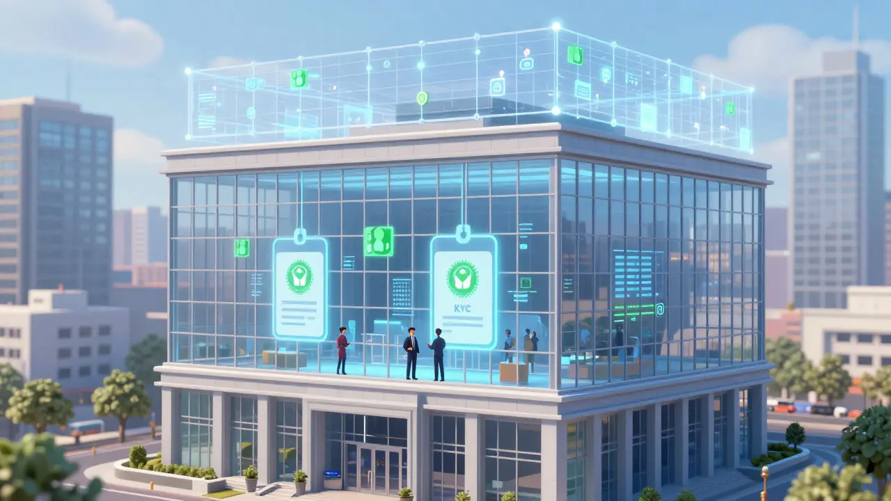 A modern building connected to a digital mesh, illustrating institutional blockchain adoption
