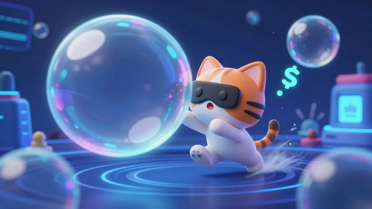 An overwhelmed cartoon baby cat surrounded by swirling bubbles representing volatile trading activity.